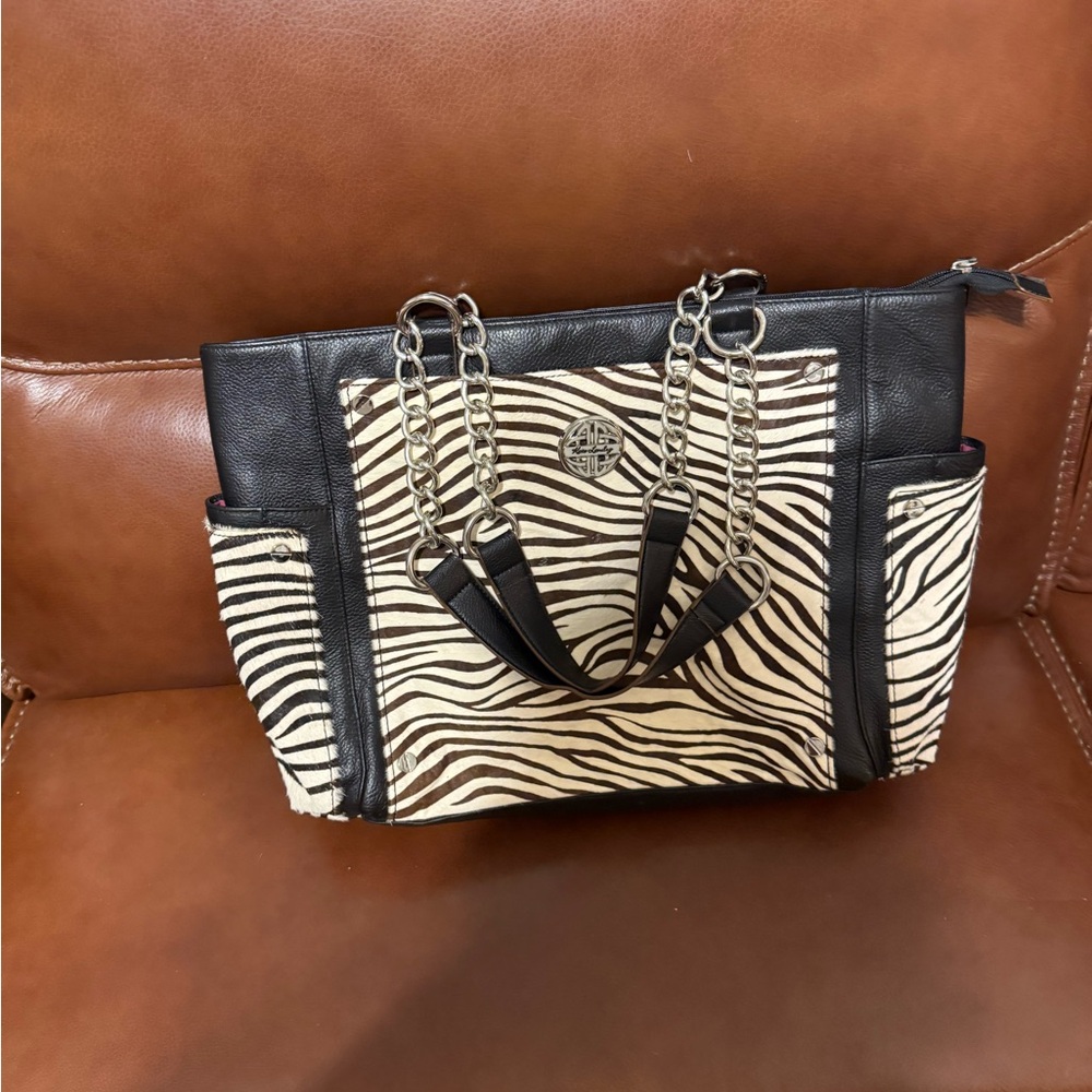 Kate Landry Zebra Print Tote with Black and Gold Accents